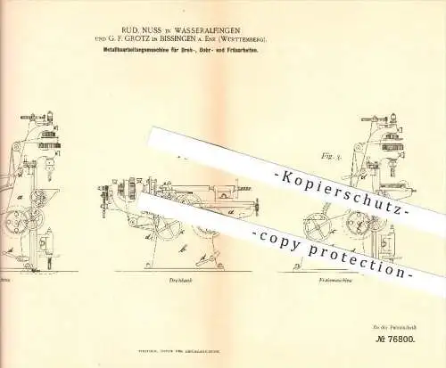 original Patent - Rud. Nuss in Wasseralfingen & G. F. Grotz in Bissingen a. Enz , 1894 , Dreh- , Bohr- und Fräsarbeiten