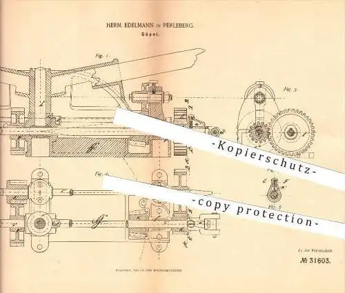 original Patent - Herm. Edelmann in Perleberg , 1884 , Göpel , Kraftmaschinen , Gaskraftmschinen  !!!