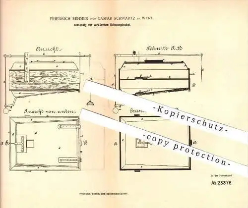 original Patent - Friedrich Behmer und Caspar Schwartz in Werl , 1882 , Blasebalg , Gebläse , Lüftung !!!