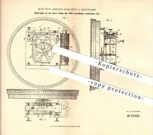 original Patent - Jean Paul Arnold Schlaefli in Solothurn , 1883 , Elektrische Uhr , Uhren , Uhrmacher , Taschenuhr !!!