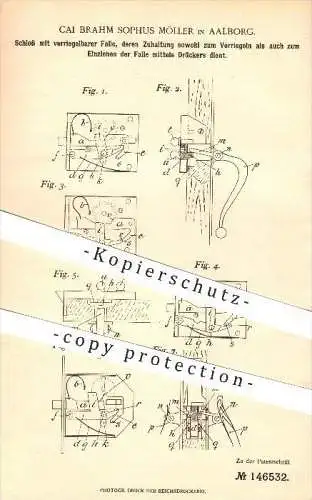 original Patent - Cai Brahm Sophus Möller in Aalborg , 1903 , Schloss mit verriegelbarer Falle , Türschloss , Tür !!!