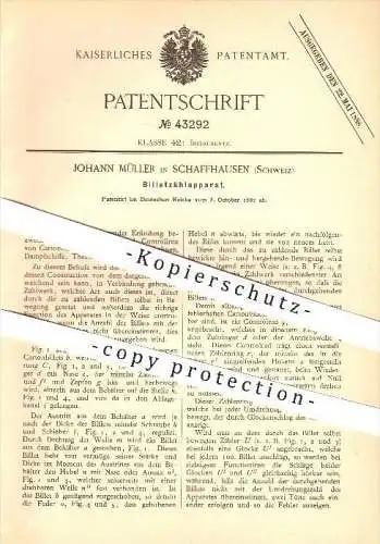 original Patent - Johann Müller in Schaffhausen , 1887 , Billetzählerapparat , Billets , Eisenbahn, Dampfschiff !!!