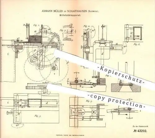 original Patent - Johann Müller in Schaffhausen , 1887 , Billetzählerapparat , Billets , Eisenbahn, Dampfschiff !!!