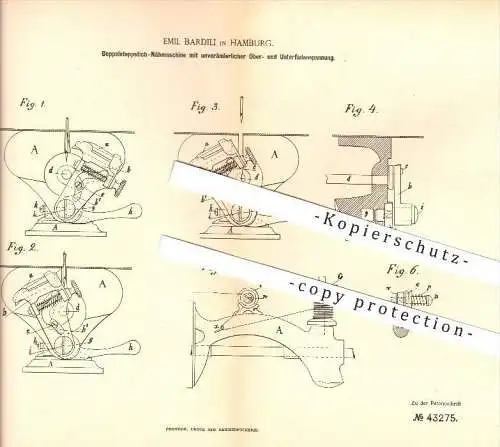 original Patent - Emil Bardili in Hamburg , 1887 , Doppelsteppstich - Nähmaschine , Nähen , Handarbeit !!!