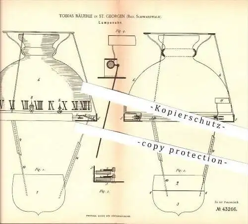 original Patent - Tobias Bäuerle in St. Georgen , 1887 , Lampenuhr , Uhr , Uhrmacher , Lampen , Beleuchtung !!!