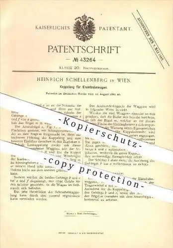 original Patent - Heinrich Schellenberg in Wien , 1887 , Kupplung für Eisenbahnwagen , Eisenbahn , Lokomotiven !!!