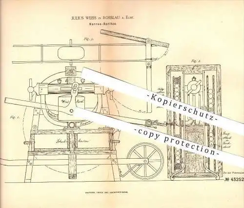 original Patent - Julius Weiss in Rosslau a. Elbe , 1887 , Karren Spritze , Feuerwehr , Pumpen , Pumpe !!!