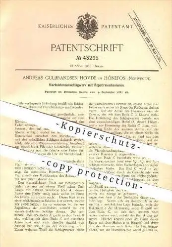 original Patent - A. Gulbrandsen Hovde in Hönefoss , Norwegen , 1887 , Viertelstundenschlagwerk für Uhren , Hønefoss