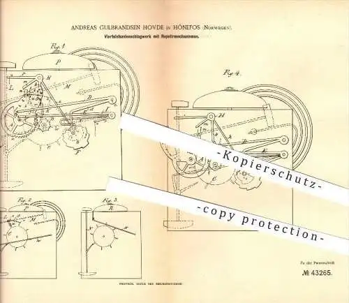 original Patent - A. Gulbrandsen Hovde in Hönefoss , Norwegen , 1887 , Viertelstundenschlagwerk für Uhren , Hønefoss