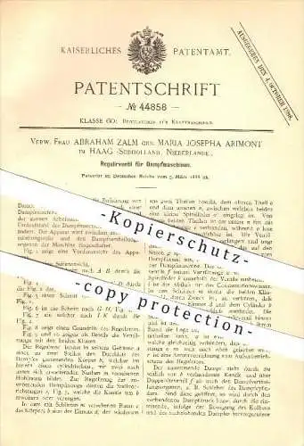 original Patent - A. Zalm geb. Maria Josepha Arimont im Haag , Niederlande , 1888 , Regulierventil für Dampfmaschinen !!