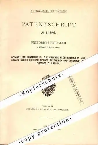 Original Patent - Friedrich Briegleb in Henfenfeld , Oberbayern , 1879 , Apparat für Flüssigkeiten , Henfeld !!!