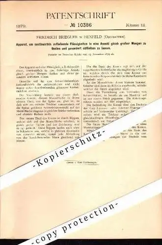 Original Patent - Friedrich Briegleb in Henfenfeld , Oberbayern , 1879 , Apparat für Flüssigkeiten , Henfeld !!!