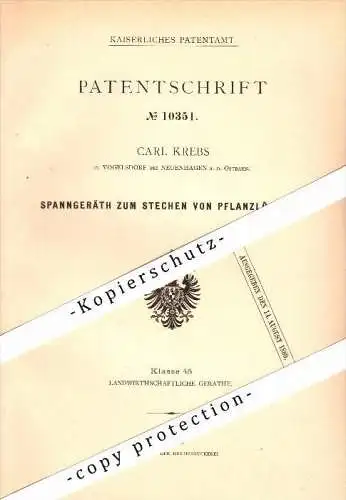 Original Patent - C. Krebs in Vogelsdorf b. Neuenhagen a.d. Ostbahn , 1880 , Stechen von Pflanzlöchern , Fredersdorf !!!