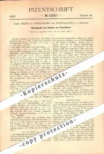 Original Patent - C. Krebs in Vogelsdorf b. Neuenhagen a.d. Ostbahn , 1880 , Stechen von Pflanzlöchern , Fredersdorf !!!