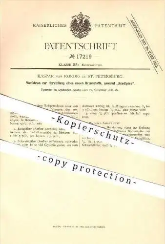 original Patent - Kaspar von Kordig in St. Petersburg , 1880 , Herstellung des neuen Brennstoffs Kordigene , Russland !!