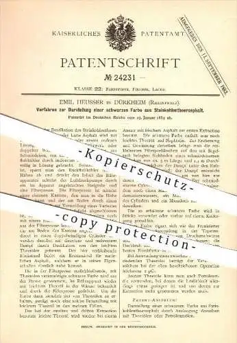 original Patent - Emil Heusser in Dürkheim , 1883 , Darstellung einer schwarzen Farbe aus Steinkohlenteerasphalt !!!