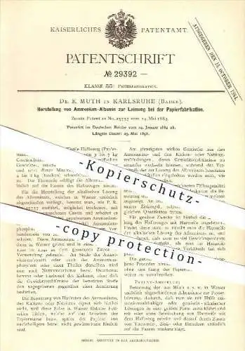original Patent - Dr. E. Muth in Karlsruhe , 1883 , Herstellung von Ammonium-Albumin zur Papierfabrikation !!!