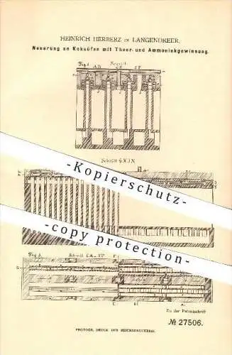 original Patent - Heinrich Herberz in Langendreer b. Bochum , 1883 , Koksöfen mit  Ammoniakgewinnung , Brennstoffe  !!!