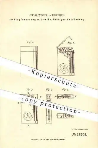 original Patent - Otto Wolff in Dresden , 1883 , Schlagfeuerzeug mit selbsttätiger Entzündung , Feuerzeug !!!