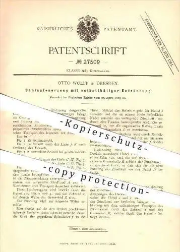 original Patent - Otto Wolff in Dresden , 1883 , Schlagfeuerzeug mit selbsttätiger Entzündung , Feuerzeug !!!