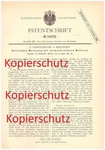 original Patent - C. Stieffelmayer in Esslingen , 1883 , Rotierendes Werkzeug mit auswechselbaren Meisseln !!!