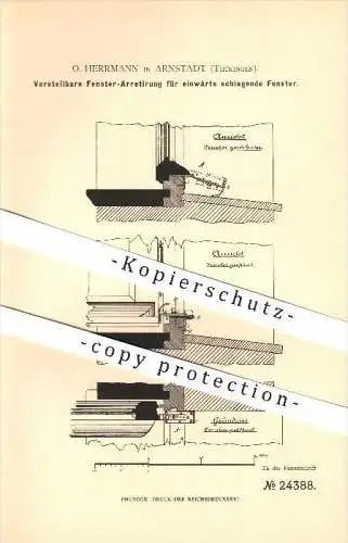 original Patent - O. Herrmann in Arnstadt , 1883 , Verstellbare Fenster-Arretierung für einwärts schlagene Fenster !!!