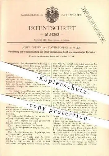 original Patent - Josef & David Popper in Wien , 1883 , Konstanthaltung der elektromotorischen Kraft von Batterien !!!