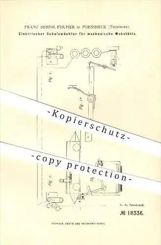 original Patent - Franz Bern. Fischer in Pössneck , 1881 , Elektrischer Schusswächter für mechanische Webstühle !!!