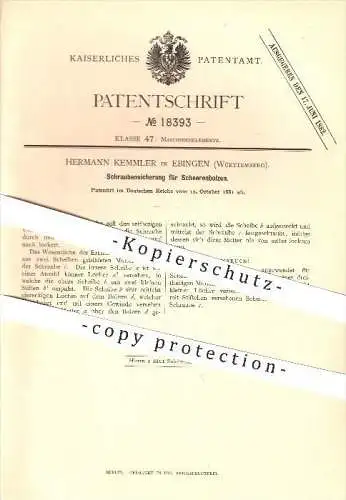 original Patent - Hermann Kemmler in Ebingen , 1881 , Schraubensicherung für Scherenbolzen , Schere , Scheren !!!