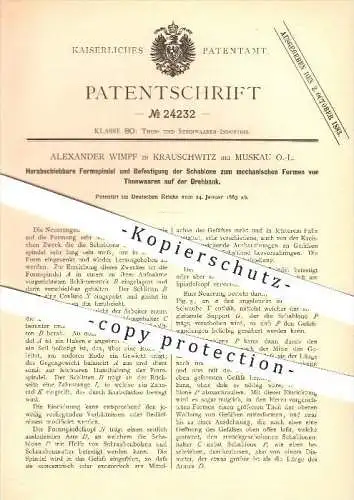 original Patent - Alexander Wimpf in Krauschwitz bei Bad Muskau , 1883 , Formspindel zum Formen von Tonwaren , Lausitz !