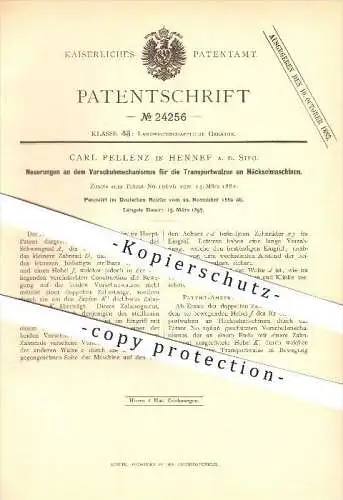 original Patent - Carl Pellenz in Hennef a. d. Sieg , 1882 , Vorschubmechanismus an Häckselmaschinen !!!