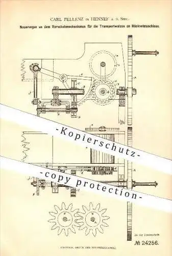 original Patent - Carl Pellenz in Hennef a. d. Sieg , 1882 , Vorschubmechanismus an Häckselmaschinen !!!