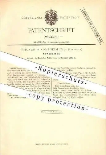 original Patent - W. Junge in Northeim , 1882 , Korkhalter , Ausschank , Flaschen , Korkenzieher !!!