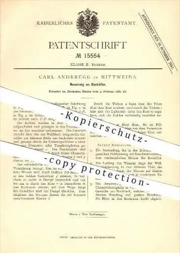 original Patent - Carl Anderegg in Mittweida , 1881 , Neuerung an Backöfen , Bäcker , Bäckerei , Haushalt !!!