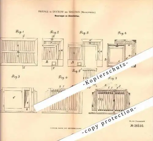 Original Patent - Priepke in Duckow b. Malchin i. Mecklenburg , 1883 , Bienenkörbe , Imkerei , Imker , Honig , Bienen !!