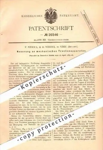 Original Patent - F. Nihoul in Nimy-les-Mons , Belgien , 1883 , mechanische Trockenapparate  !!!