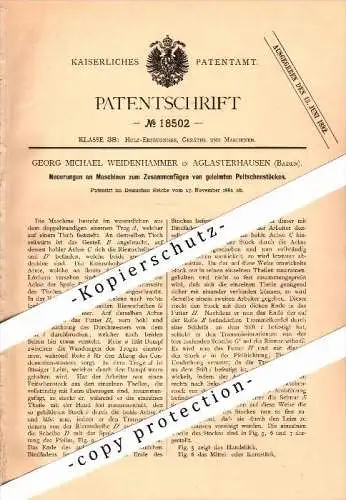 Original Patent - G.M. Weidenhammer in Aglasterhausen , 1881 , Maschine für geleimte Peitschenstöcke , Schreinerei !!!