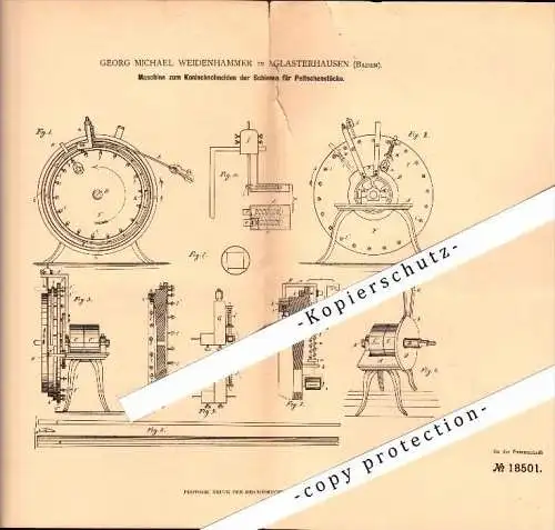 Original Patent - G.M. Weidenhammer in Aglasterhausen , 1881 , Maschine zum Konischschneiden von Schienen , Tischlerei !