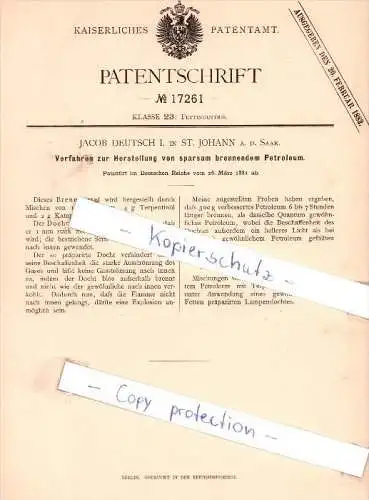 Original Patent - Jacob Deutsch I. in St. Johann a. d. Saar , 1881 , Fettindustrie !!!