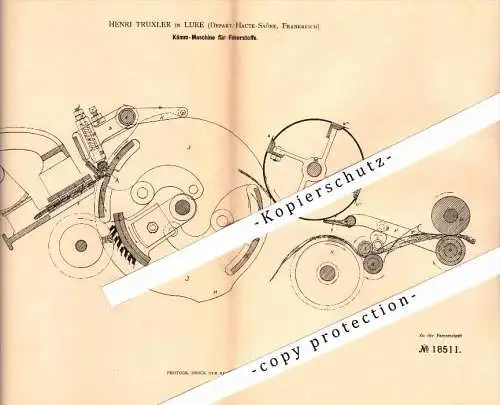 Original Patent - Henri Truxler à Lure , Haute-Saone , 1881 , Peigneuse pour matières fibreuses !!!