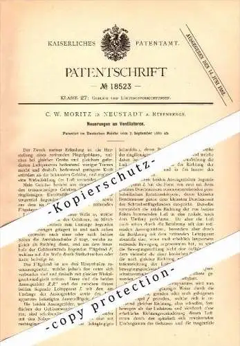 Original Patent - C.W. Moritz in Neustadt am Rübenberge , 1881 , Ventilator , Gebläse , Landwirtschaft , Agrar !!!