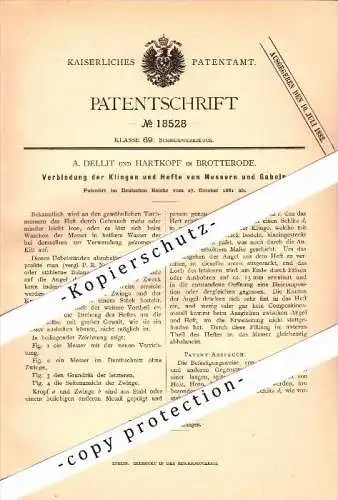 Original Patent - A. Dellit und Hartkopf in Brotterode b. Trusetal , 1881 , Klingenverbindung für Messer und Gabel !!!