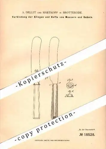 Original Patent - A. Dellit und Hartkopf in Brotterode b. Trusetal , 1881 , Klingenverbindung für Messer und Gabel !!!