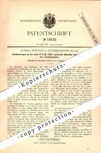 Original Patent - Alfred Bertsch à Gundershoffen , 1881 , Machine pour la préparation du papier , photographie !!!