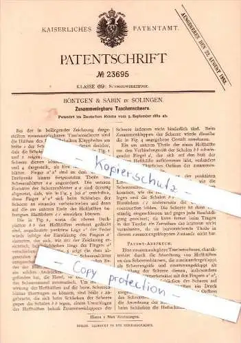 Original Patent - Böntgen & Sabin in Solingen , 1882 , Zusammenlegbare Taschenscheere !!!