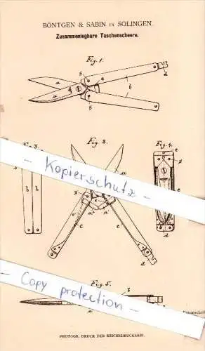 Original Patent - Böntgen & Sabin in Solingen , 1882 , Zusammenlegbare Taschenscheere !!!