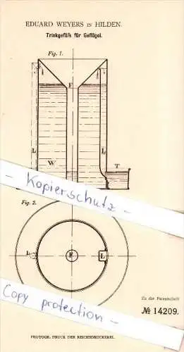 Original Patent - Eduard Weyers in Hilden , 1880 , Trinkgefäß für Geflügel !!!