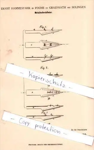 Original Patent - E. Hammesfahr in Foche in Graefrath bei Solingen , 1880 , Metallschreibfeder !!!