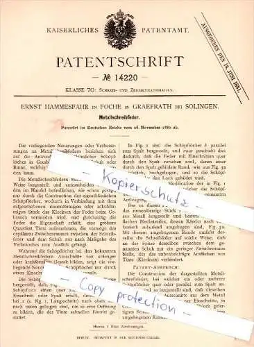 Original Patent - E. Hammesfahr in Foche in Graefrath bei Solingen , 1880 , Metallschreibfeder !!!