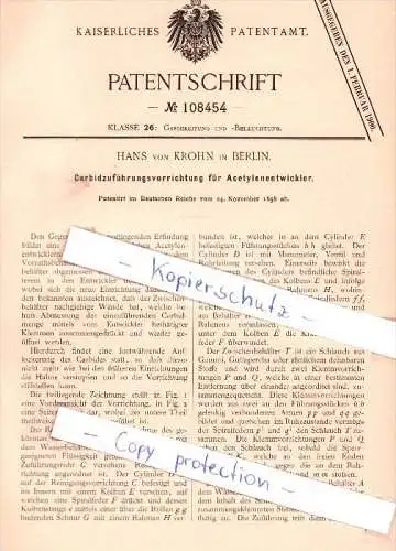 Original Patent -  Hans von Krohn in Berlin , 1898 , Carbidzuführungsvorrichtung !!!